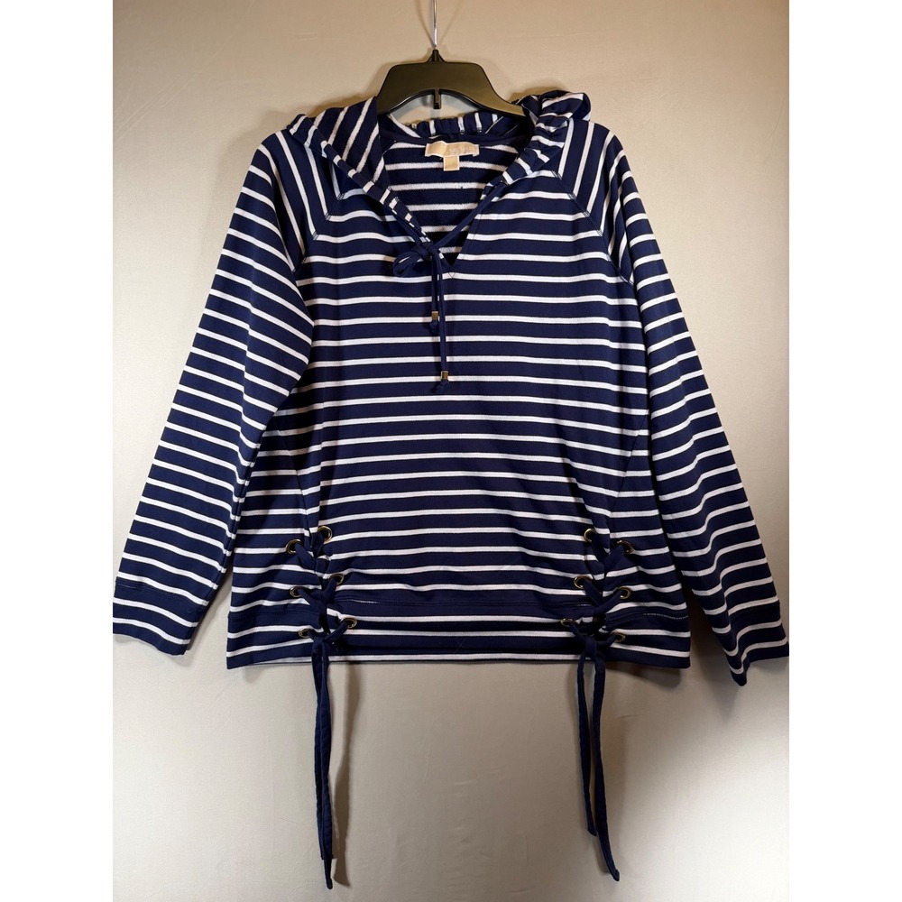 Michael Michael Kors Navy White Striped Lace Up Side Hoodie Sweatshirt Large